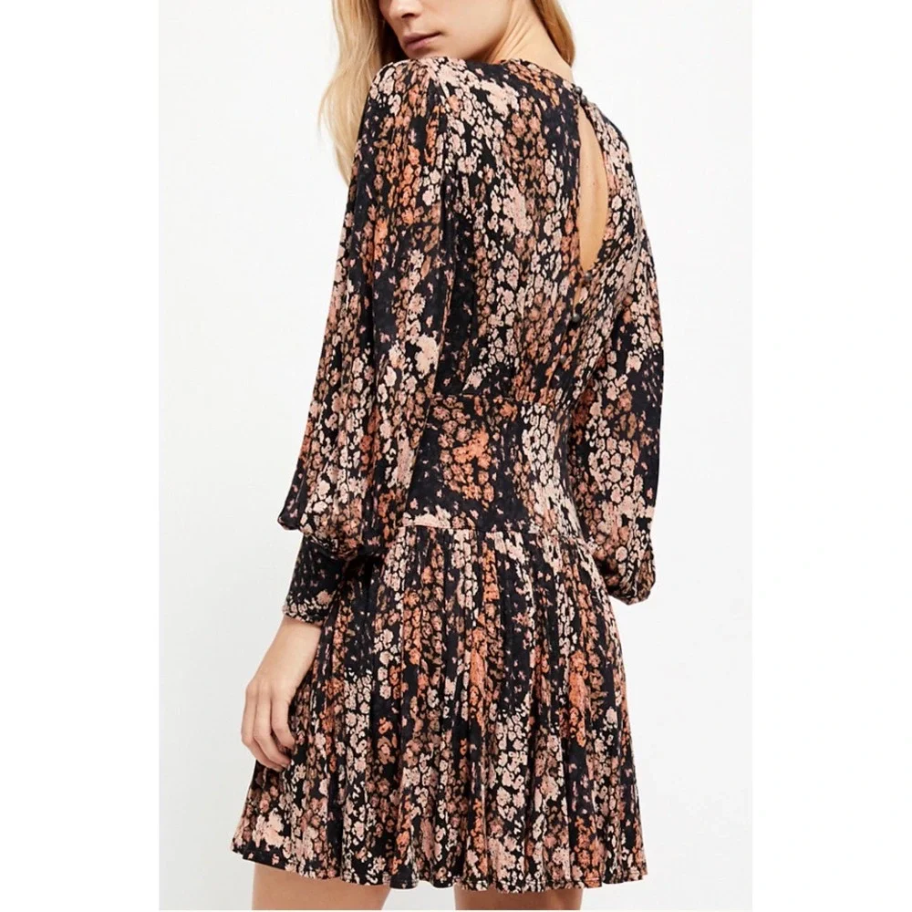 Free People Heartbeats Floral Mini Dress Long Balloon Sleeve Black Dark Academia